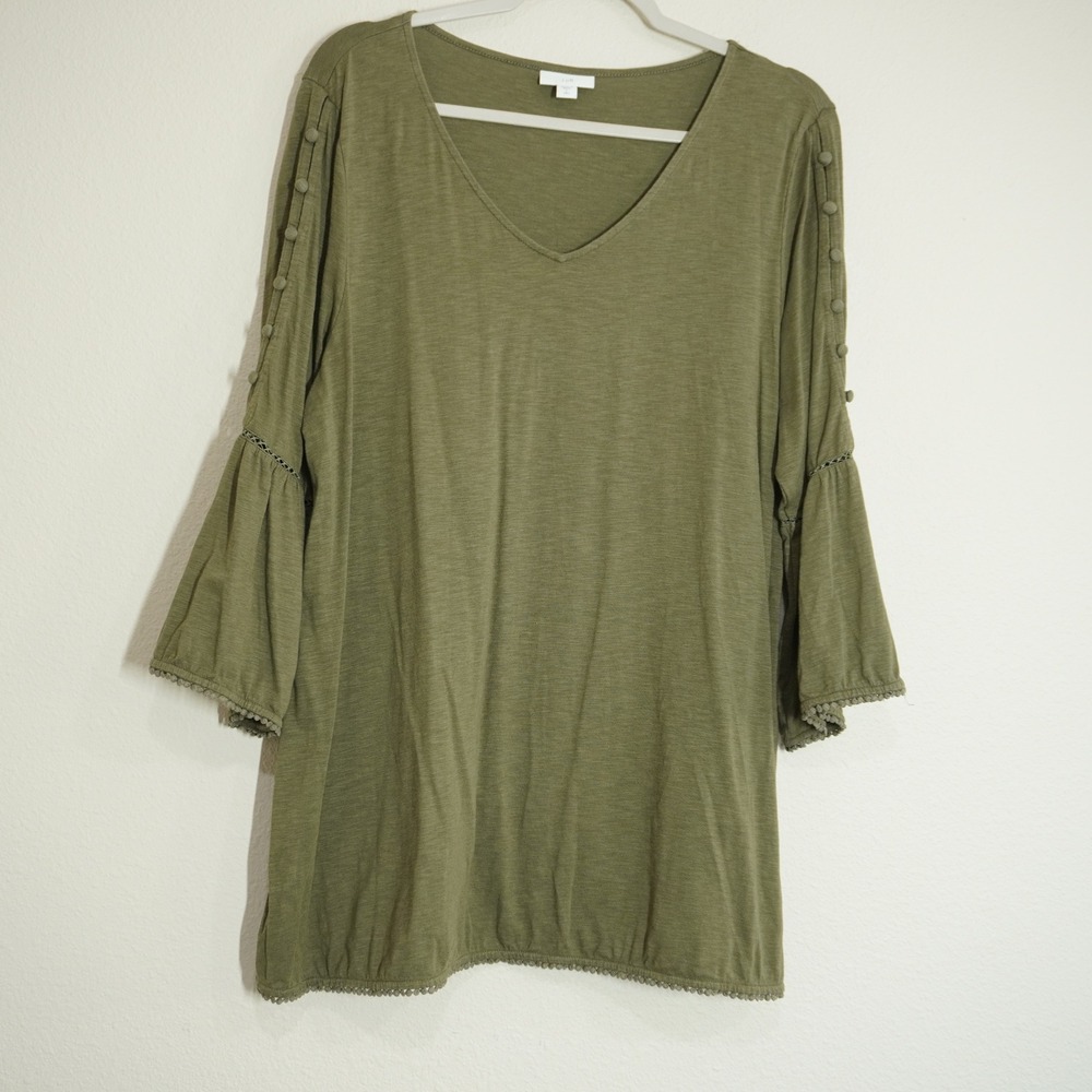 J. Jill Women's Size Large TALL Shirt Olive Green Pom Pom Trim Tunic Blouse